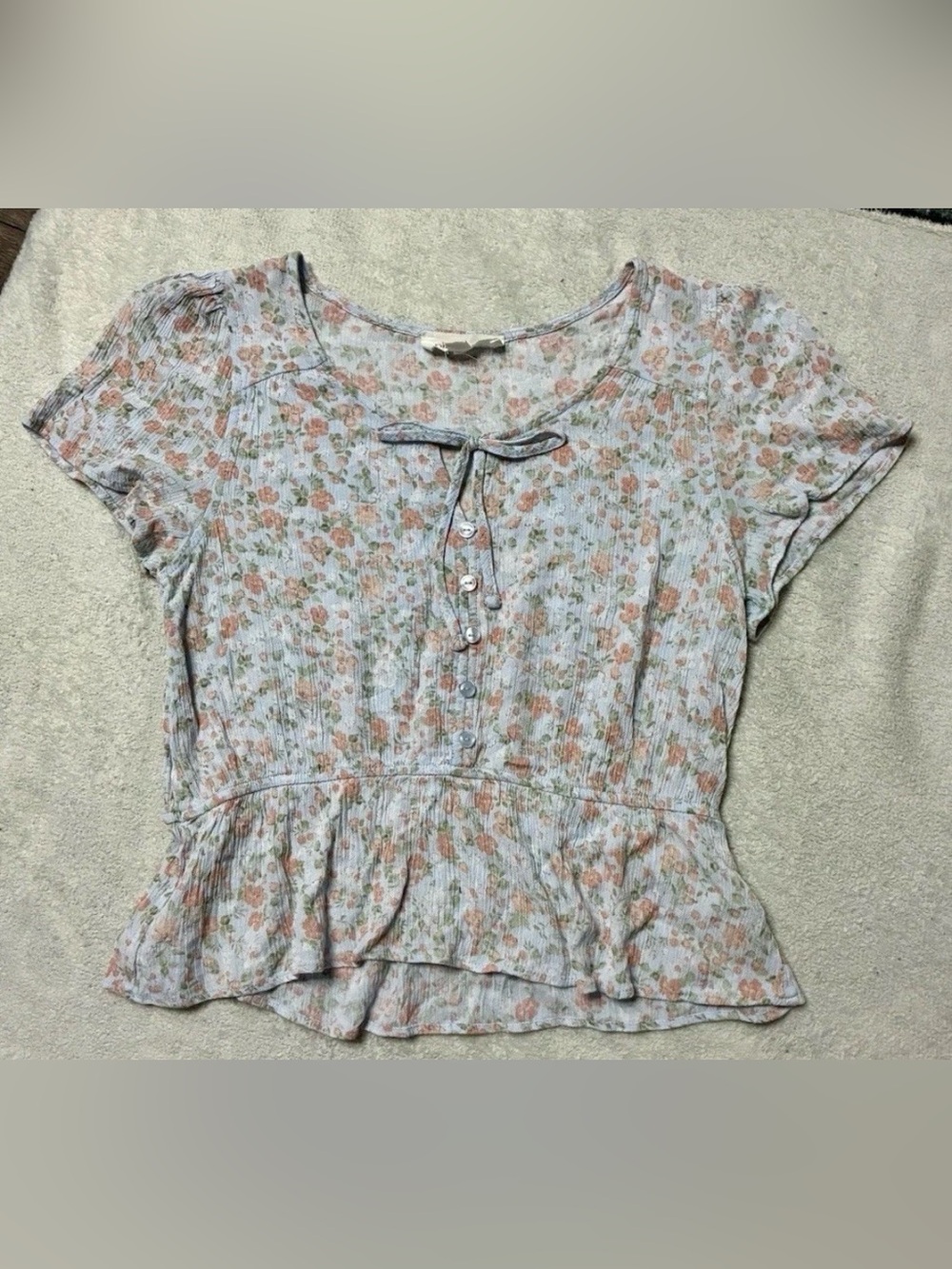 Pink Rose Women's Floral Peplum Short Sleeve Blouse Size Medium